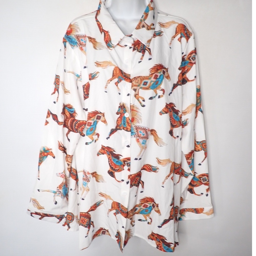 Unbranded Women's Western Horse Print Button Down Shirt 3XL Long sleeve Casual